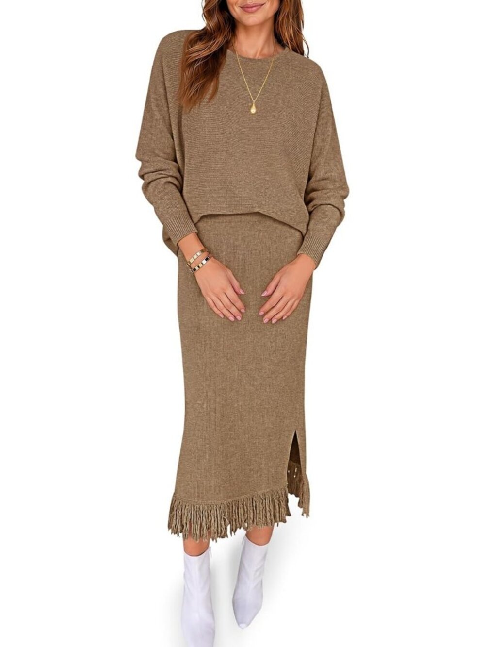 Chic Women's 2-Piece Fringe Sweater & Skirt Set with Side Slit - Winter Fashion